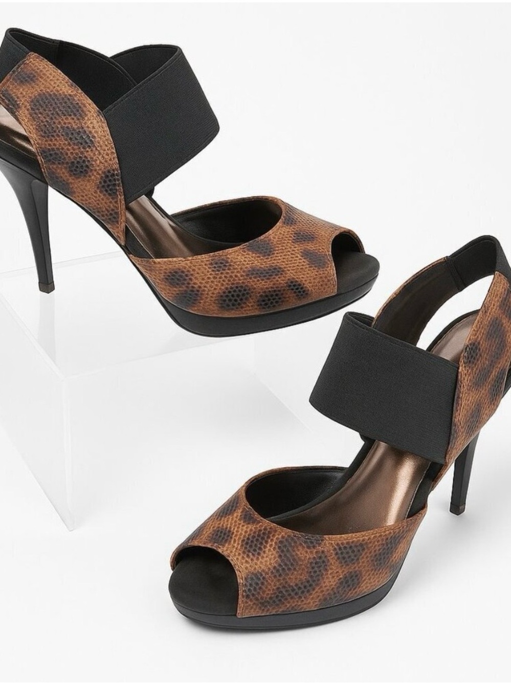 Simply Vera Vera Wang Brown Leopard Peep-Toe High Heels with Black Elastic Strap